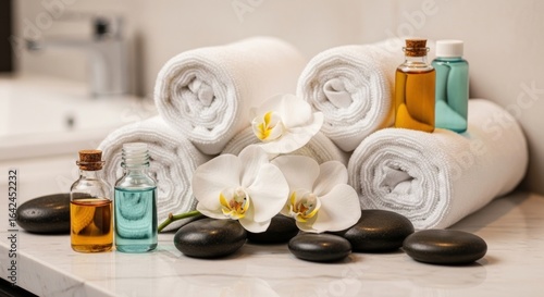 Luxury Spa Essentials: White Orchids, Rolled Towels, Hot Stones, and Essential Oils on Marble Counter