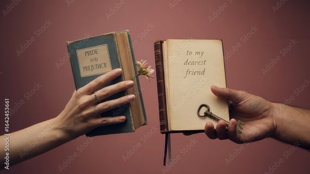 Obraz premium Hands exchanging books, pride and prejudice and to my dearest friend, with a key, against a pink background