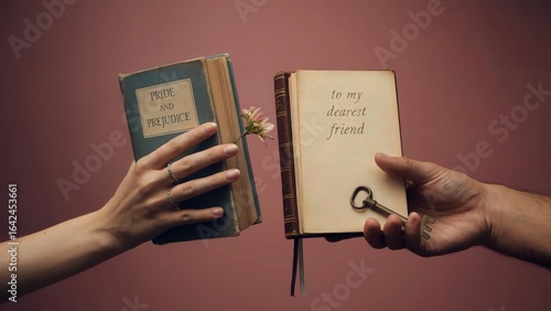 Hands exchanging books, pride and prejudice and to my dearest friend, with a key, against a pink background