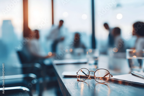 Round Glasses Resting on Conference Table with Business Team, motion blur Business concept, motion bokeh background