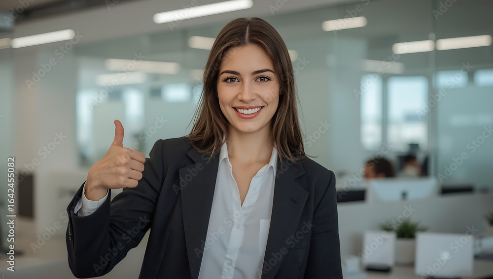 Fototapeta premium Positive female professional showing thumbs up in a modern office setting. Suitable for business presentations or corporate marketing materials.