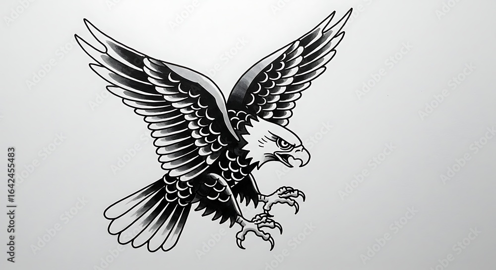 Fototapeta premium Illustration of an eagle with outstretched wings and sharp talons, depicted in a classic tattoo art style with bold lines and shading.