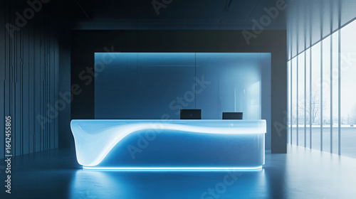 Tech company reception counter mockup future technology office lighting space workplace interior registration copy space desk design indoor decoration front view green plant decor