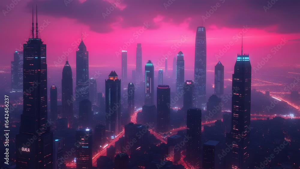 Fototapeta premium Vibrant Pink and Blue Cyberpunk Cityscape