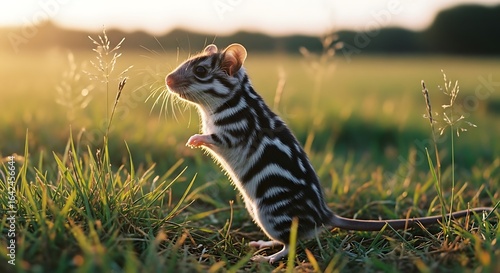 A tiny striped grass mouse stands alert on its hind legs in a sunlit meadow at sunset.