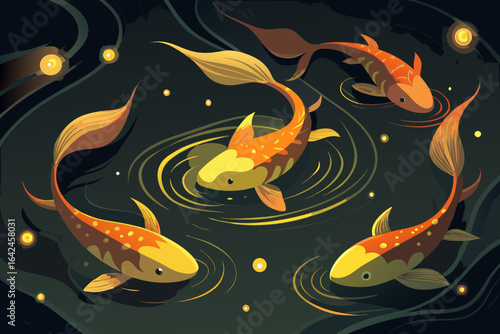 Graceful koi fish swimming in a tranquil pond, creating a serene and peaceful atmosphere, perfect for meditation and relaxation, evoking a sense of calm and zen