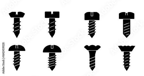 Various screws solid black glyph icons set, vector pictograms representing parts, simple flat design for modern visual elements.