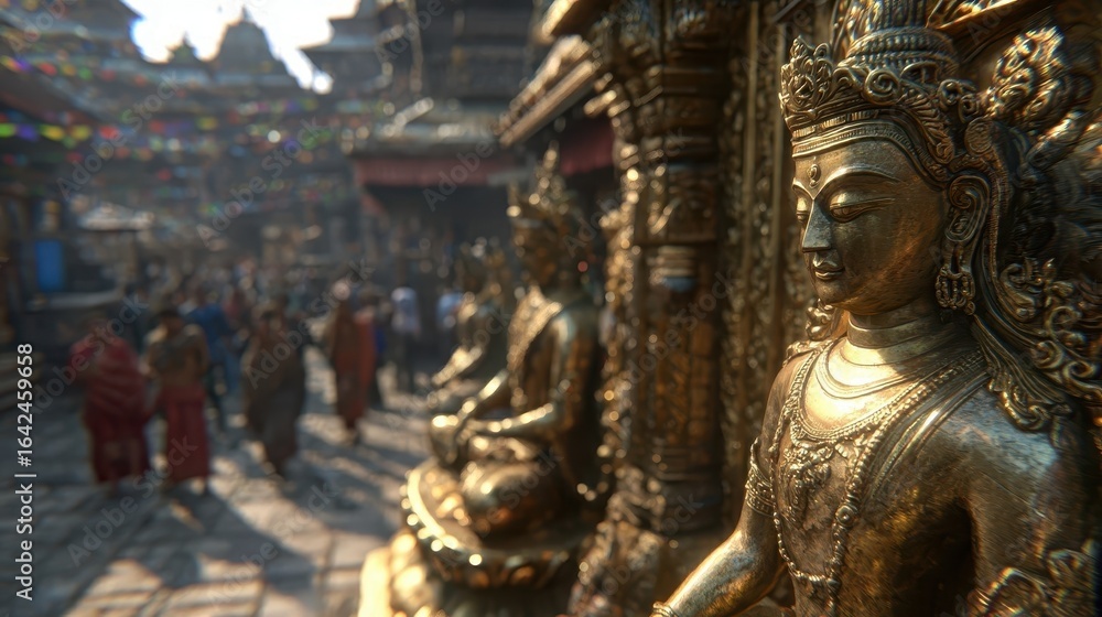 Fototapeta premium Golden statues in a bustling ancient city marketplace.