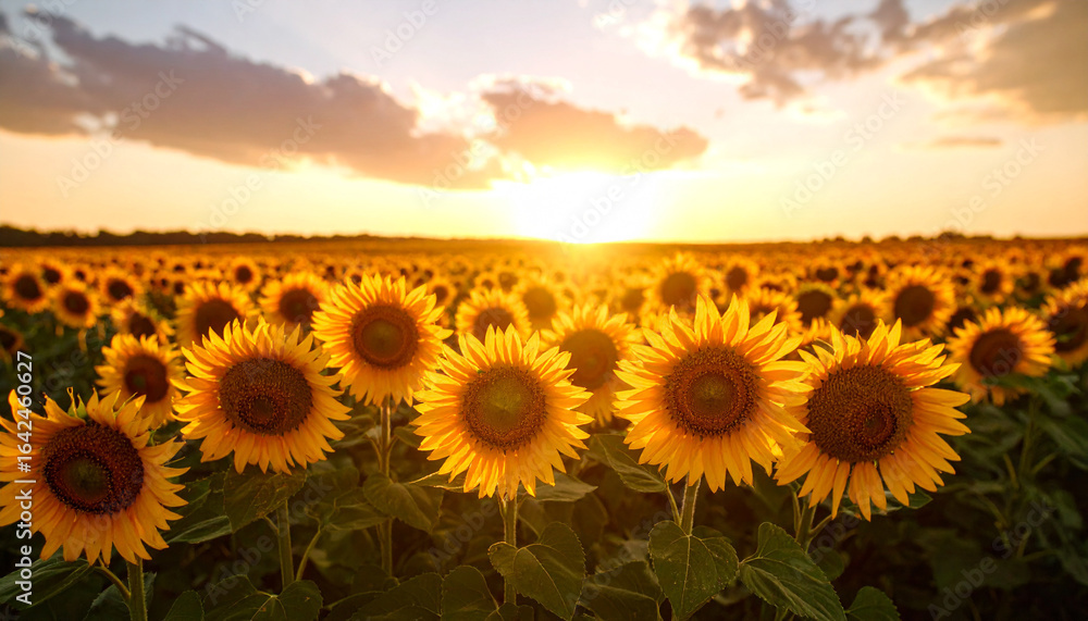 Obraz premium Sunflower Field under Golden Sunset