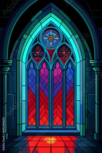 Experience the ethereal glow of this gothic archway with vibrant stained glass, casting a spellbinding ambiance perfect for fantasy, historical, or architectural projects