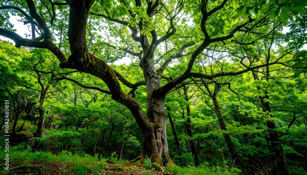 Obraz premium Lush green forest with ancient tree