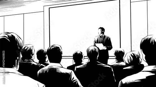 A dark silhouette of a business team presentation during a meeting at office building hand drawn comic style black and white illustration