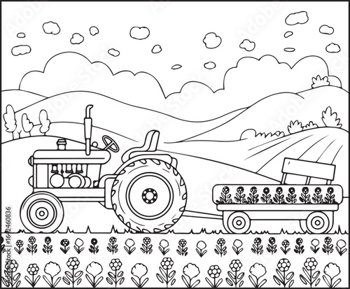 Beautiful tractor in field coloring page activity book for kids, line art vector for design elements 