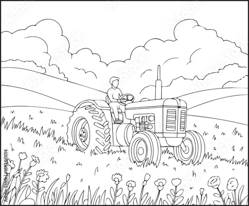 Cute boy with tractor in field coloring page activity book for kids, line art vector for design elements 