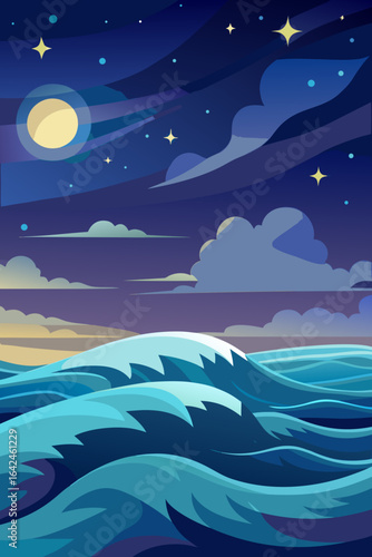 Dreamy ocean waves under a celestial night sky with shining stars, perfect for adding a touch of magic and wonder to your project, originally an SVG, now available in PNG format