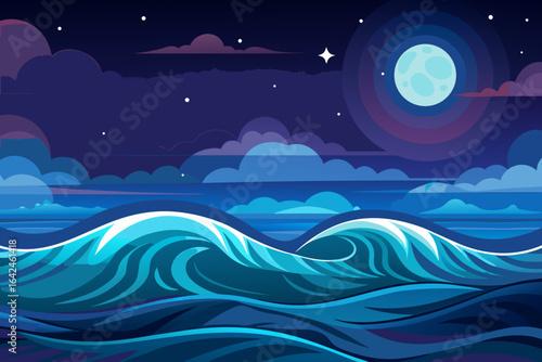 Serene night seascape with majestic moon and stylized ocean waves, evoking tranquility and wonder, perfect for dreamlike designs and calming visuals, originally a scalable vector graphic