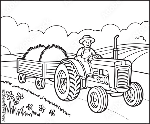 Cute boy with tractor in field coloring page activity book for kids, line art vector for design elements 