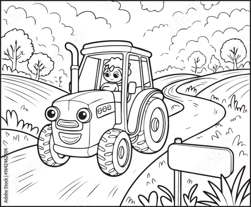 Cute boy with tractor in field coloring page activity book for kids, line art vector for design elements 