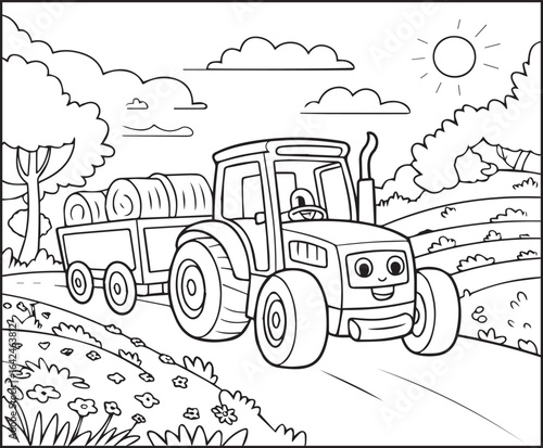 Beautiful tractor in field coloring page activity book for kids, line art vector for design elements 