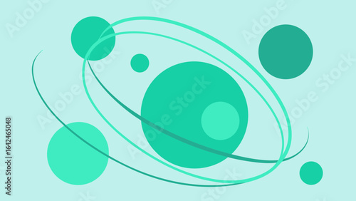 Abstract atomic orbits with multiple teal circles on a light blue background science physics