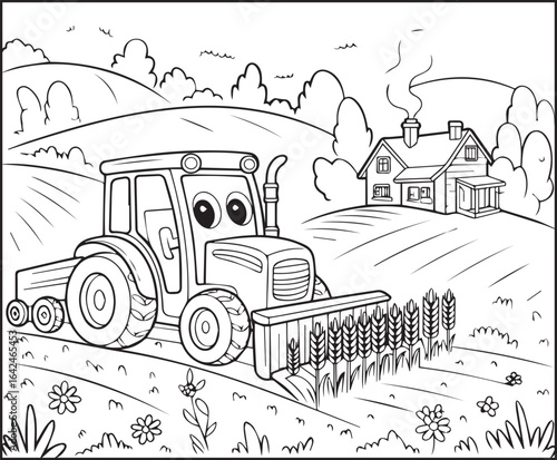 Beautiful tractor in field coloring page activity book for kids, line art vector for design elements 