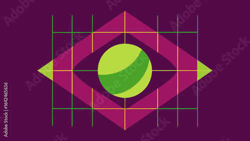 Abstract eye symbol formed by intersecting lines and a central green sphere vision perception