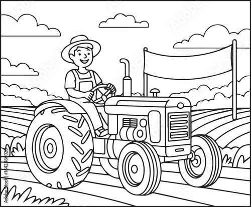 Cute boy with tractor in field coloring page activity book for kids, line art vector for design elements 