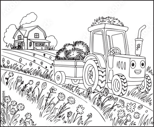 Beautiful tractor in field coloring page activity book for kids, line art vector for design elements 