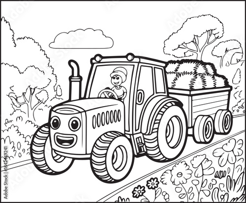 Cute boy with tractor in field coloring page activity book for kids, line art vector for design elements 
