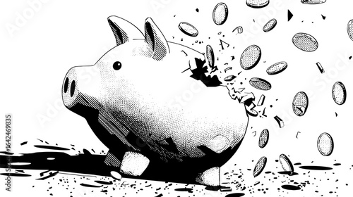 Piggy bank shattered with coins flying, a saving money destroyed, finance, financial concept, hand drawn comic style black and white illustration