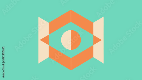 Hexagonal Geometric Pattern with Oval Center in Orange Beige and Teal on Light Teal Background abstract