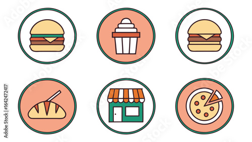 Vibrant Food and Shop Icons:  Retro Badge Design, Flat Style,  Cheerful and Appealing Graphics for Branding.