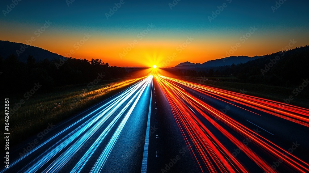 Obraz premium Highway at sunset with light trails creating blue and red streaks.