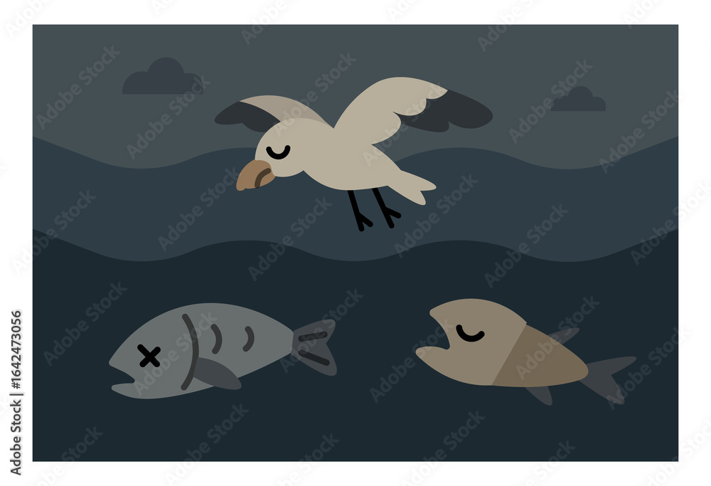 Obraz premium An illustration showing the harmful effects of marine pollution, featuring dead fish, a seabird, and floating plastic waste such as bottles, a bag, and snack packaging in dark ocean waters. Suitable f