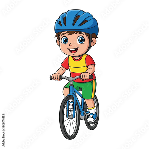 Cartoon illustration of a happy young boy wearing a helmet while riding his blue bicycle. Cheerful child cyclist character.