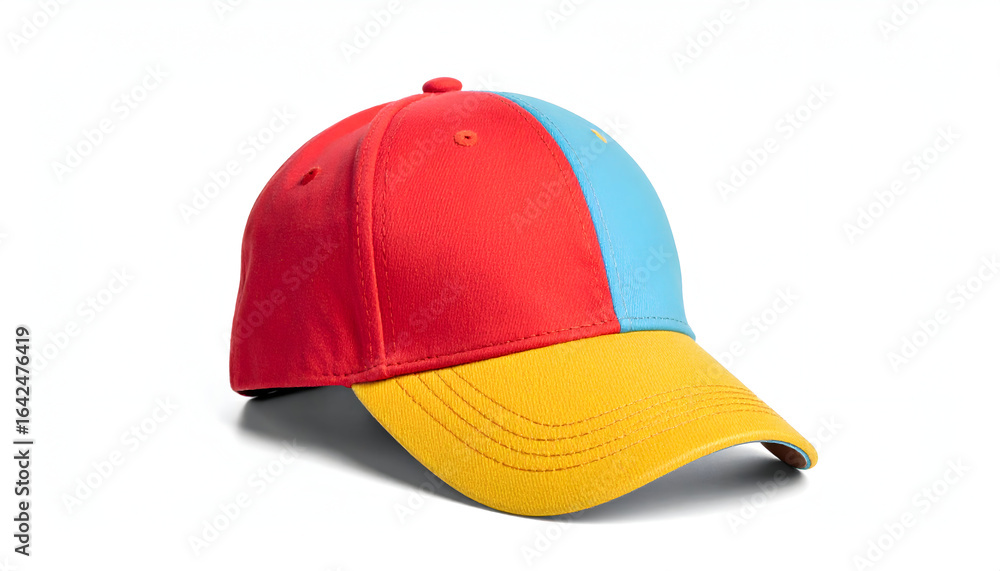 Fototapeta premium Colorful Baseball Cap with Red, Blue, and Yellow Patchwork Design on a Neutral Background