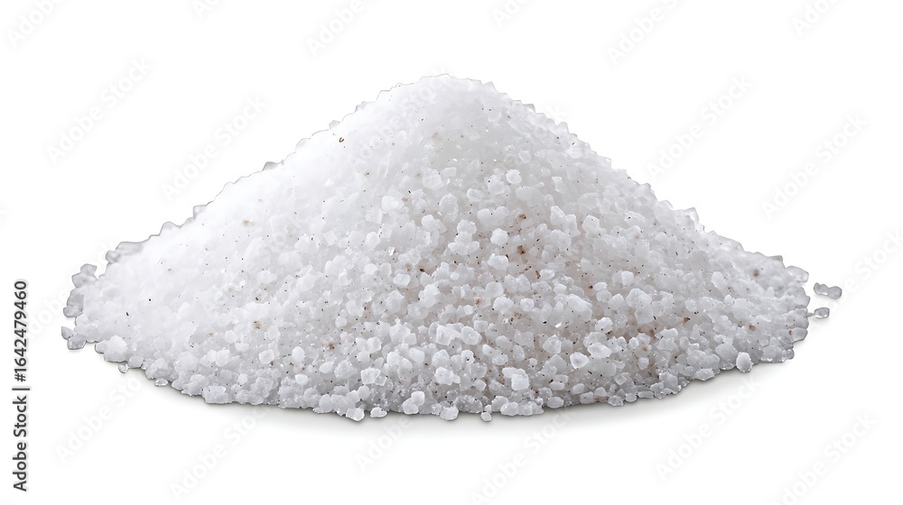 Sea salt crystals in pile formation on pure white background, captured with DSLR and 50mm lens, emphasis on crystalline detail and light refraction with clean studio light Sea salt crystals in pile formation on pure white background, captured with DSLR and 50mm lens, emphasis on crystalline detail and light refraction with clean studio light