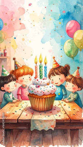 Children celebrate birthday cupcake