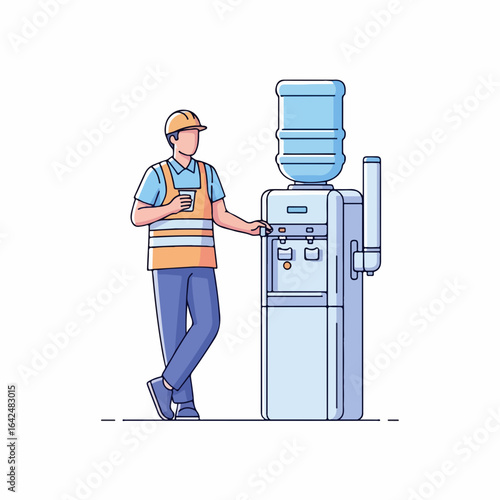 Skilled construction worker refreshing with a cool drink at a break station