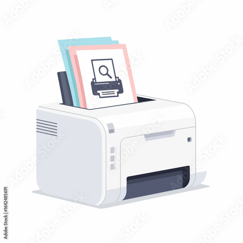 Modern printer outputs document with search icon, symbolizing data retrieval and business processes