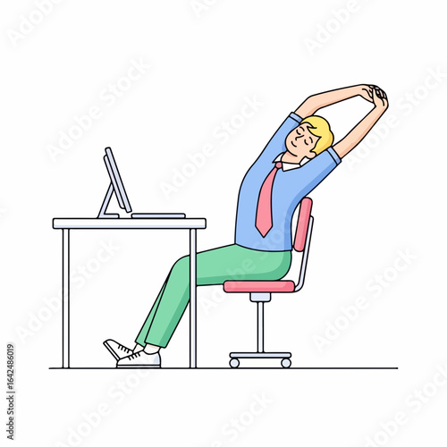 Young businessman stretching at desk, relieving workday tension with a refreshing seated stretch