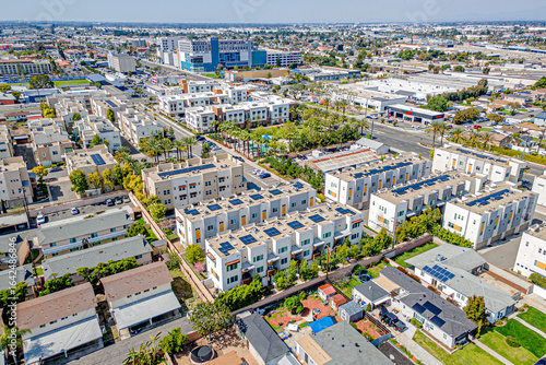 Buena Park, CA, LA County, March 15, 2025: Aerial View of Village of Buena Park around 5 Fwy, 91 Freeway, Stanton Ave, Orangethorpe Ave with Apartments, Houses, Condos, Homes, Roads, Streets

