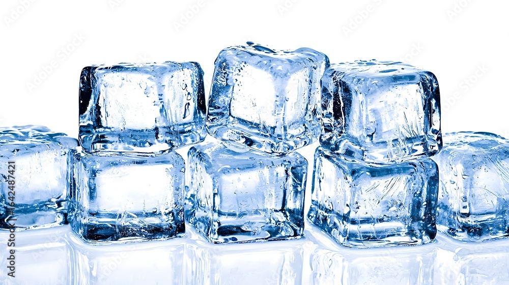Macro image of stacked ice cubes forming pyramid on clean white background, taken with mirrorless camera and 50mm lens, highlighting clear textures, reflections, and sharp facets with balanced Macro image of stacked ice cubes forming pyramid on clean white background, taken with mirrorless camera and 50mm lens, highlighting clear textures, reflections, and sharp facets with balanced