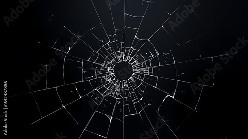 Fractured glass surface with hole against black background, suitable for concepts of vulnerability, danger, brokenness, or destruction in design projects.