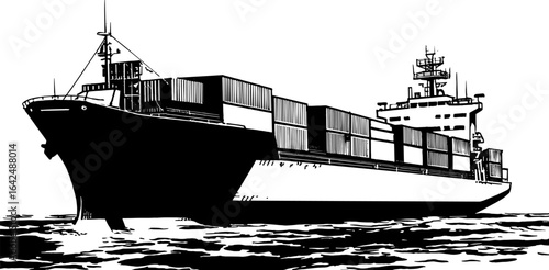 A commercial cargo ship or freighter freight vessel sails on the sea hand drawn comic style black and white illustration