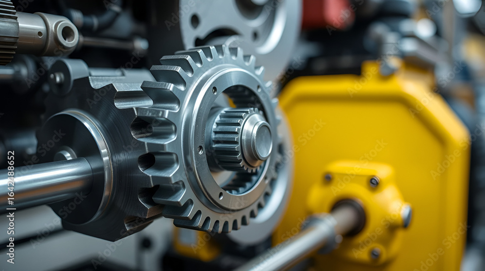Fototapeta premium Close-up of industrial gears on a metal rod, showcasing precision engineering and mechanical components. Industrial machinery details in focus.