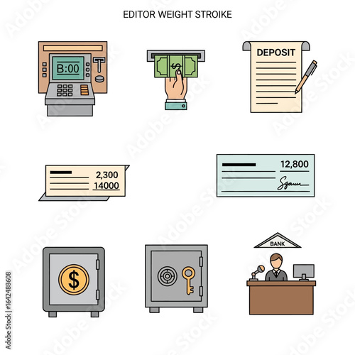 A collection of colorful flat line art icons representing banking, finance, and money management services, including an ATM, safe, check, and bank teller.