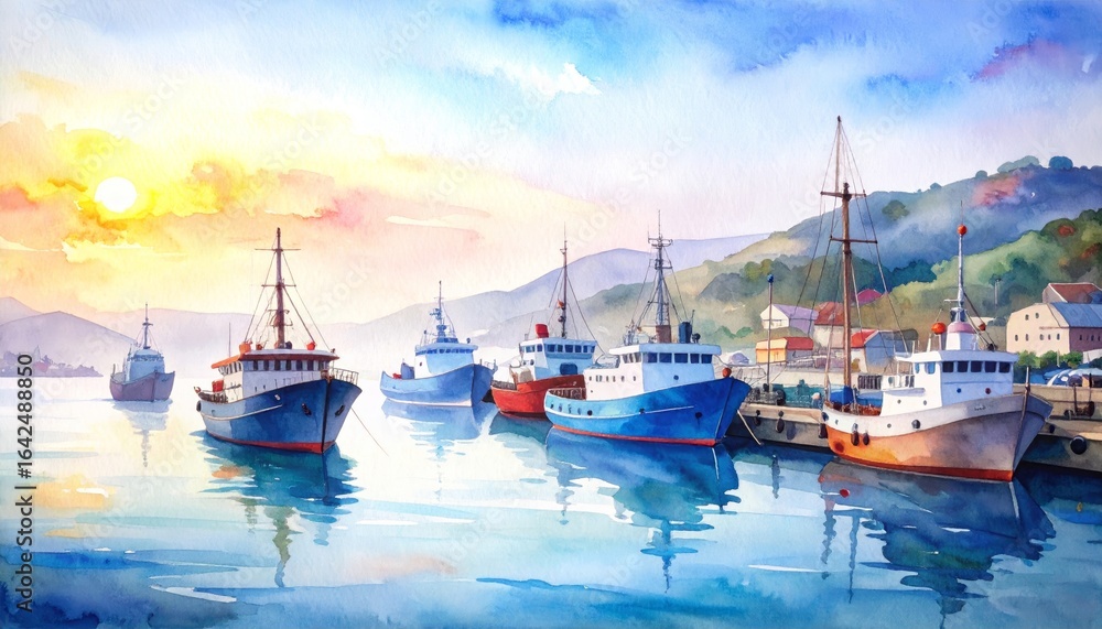 Fototapeta premium A vibrant watercolor painting capturing the serene beauty of sailing boats and yachts moored in a tranquil harbor at sunset with colorful reflections on the water s surface.