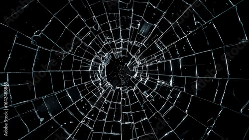Shattered glass with a dark hole in the center  a striking, dramatic image suitable for graphic design projects.