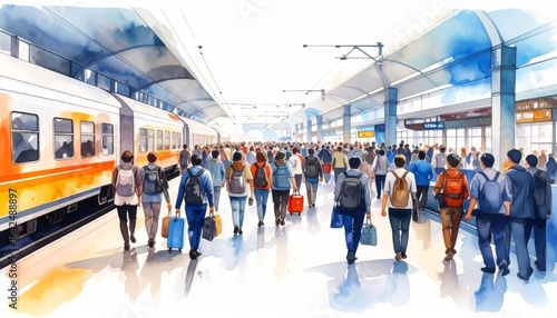 Wallpaper Mural A diverse group of people travelers and commuters navigating the expansive concourse of a modern sunlit public transit hub during a busy rush hour. Torontodigital.ca